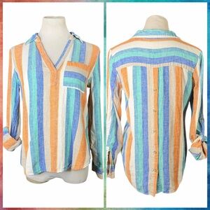 New York & Company Blue/Orange/Cream Striped Button Back Linen Blouse - Small